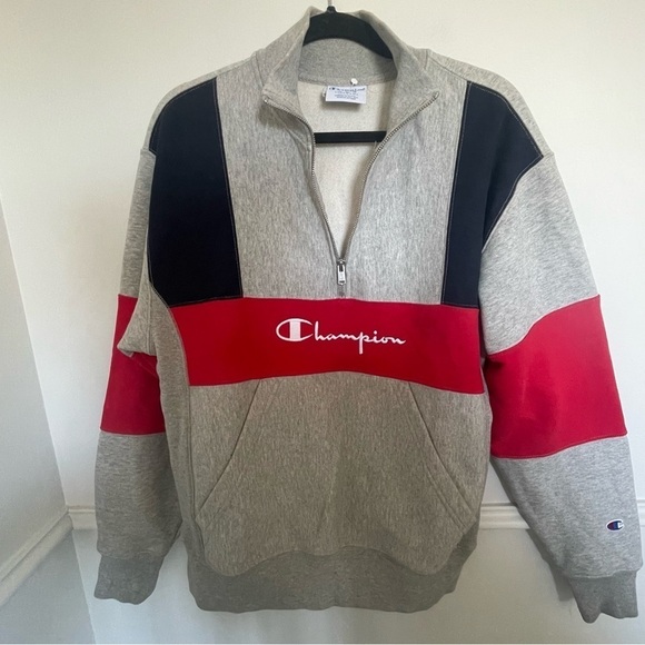 Champion Tops - Vintage Champion Grey High Neck Three Quarter Mens Zip Sweater Medium